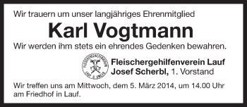 Traueranzeige von Karl Vogtmann von Pegnitz-Zeitung